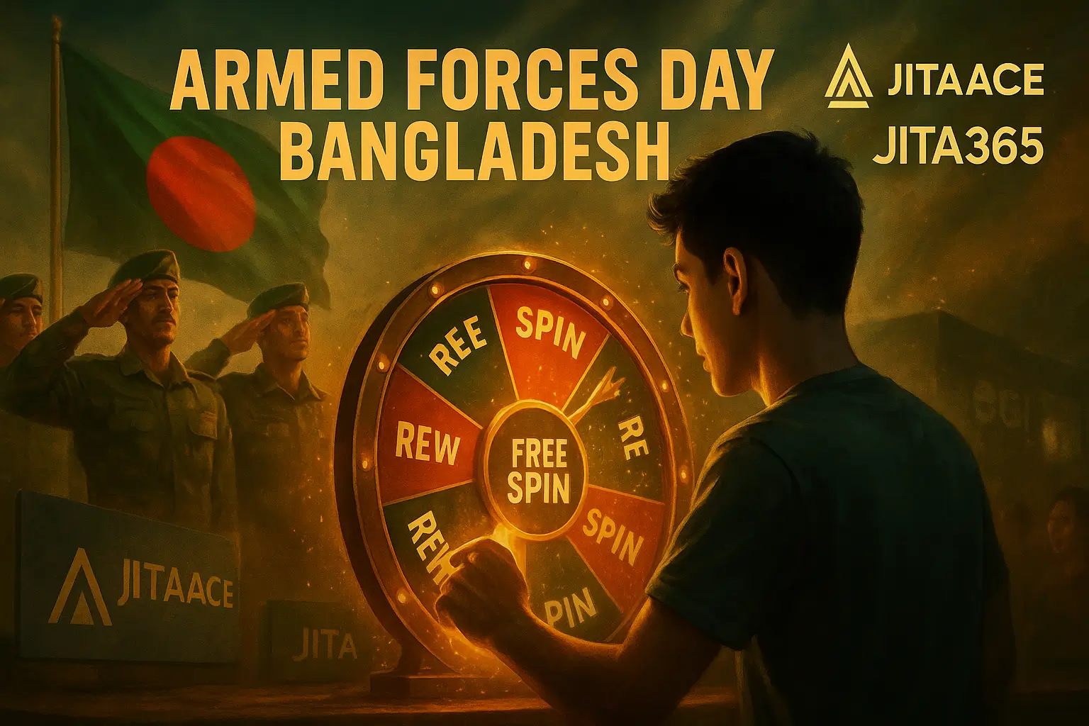 Bangladesh Armed Forces parade cinematic”, “Dhaka skyline evening lights”, “gaming wheel glow Bangladesh theme”, “honoring heroes digital art”.